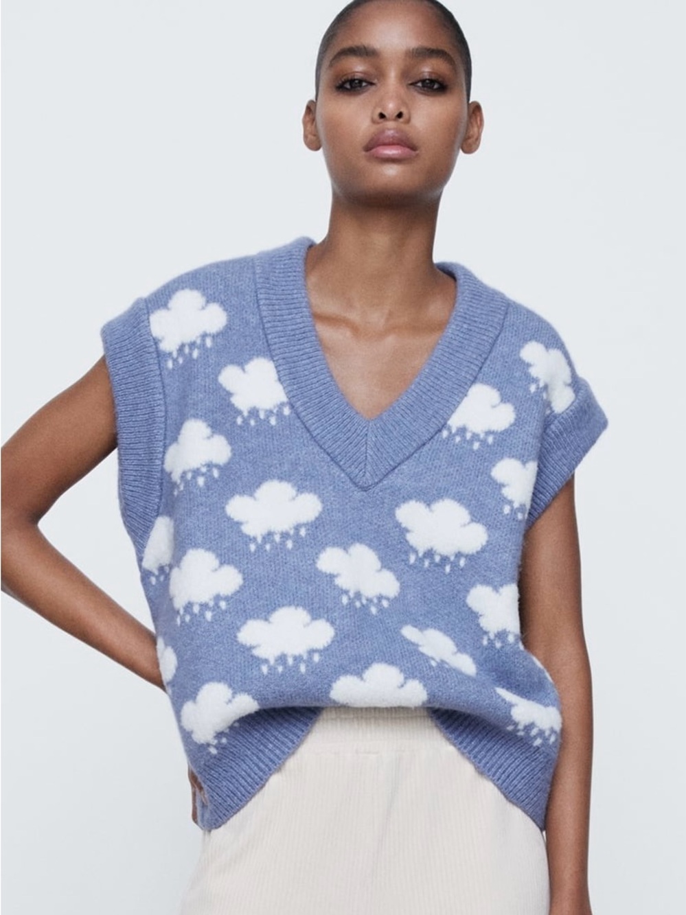 Zara Blue Cloud-Print V-Neck Sweater Vest